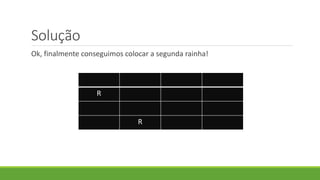 Solução
Ok, finalmente conseguimos colocar a segunda rainha!
R
R
 