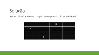 Solução
Vamos colocar a terceira... Legal!! Conseguimos colocar a terceira!
R
R
R
 