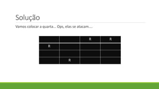Solução
Vamos colocar a quarta... Ops, elas se atacam....
R R
R
R
 