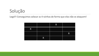 Solução
Legal!! Conseguimos colocar as 4 rainhas de forma que elas não se ataquem!
R
R
R
R
 