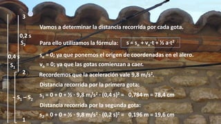 3
Vamos a determinar la distancia recorrida por cada gota.

0,2 s
S2
0,4 s
S1

Para ello utilizamos la fórmula:

s = so + vo·t + ½ a·t2

so = 0; ya que ponemos el origen de coordenadas en el alero.
vo = 0; ya que las gotas comienzan a caer.
2

Recordemos que la aceleración vale 9,8 m/s2.
Distancia recorrida por la primera gota:

S1 – S 2

s1 = 0 + 0 + ½ · 9,8 m/s2 · (0,4 s)2 = 0,784 m = 78,4 cm
Distancia recorrida por la segunda gota:

1

s2 = 0 + 0 + ½ · 9,8 m/s2 · (0,2 s)2 = 0,196 m = 19,6 cm

 