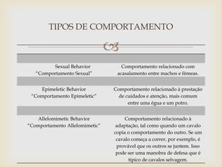 TIPOS DE COMPORTAMENTO

                                
          Sexual Behavior          Comportamento relacionado com
   “Comportamento Sexual”        acasalamento entre machos e fêmeas.


    Epimeletic Behavior         Comportamento relacionado à prestação
 “Comportamento Epimeletic”       de cuidados e atenção, mais comum
                                      entre uma égua e um potro.


   Allelomimetic Behavior            Comportamento relacionado à
“Comportamento Allelomimetic”    adaptação, tal como quando um cavalo
                                copia o comportamento do outro. Se um
                                 cavalo começa a correr, por exemplo, é
                                 provável que os outros se juntem. Isso
                                 pode ser uma manobra de defesa que é
                                      típico de cavalos selvagem.
 