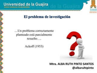 Mtra. ALBA RUTH PINTO SANTOS
@albaruhtpinto
El problema de investigación
…Un problema correctamente
planteado está parcialmente
resuelto….
Ackoff (1953)
 