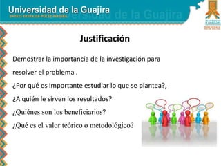 Justificación
Demostrar la importancia de la investigación para
resolver el problema .
¿Por qué es importante estudiar lo que se plantea?,
¿A quién le sirven los resultados?
¿Quiénes son los beneficiarios?
¿Qué es el valor teórico o metodológico?
 