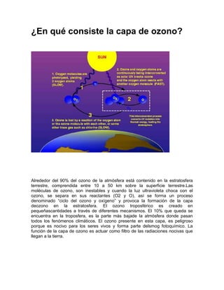 ¿En qué consiste la capa de ozono?
Alrededor del 90% del ozono de la atmósfera está contenido en la estratosfera
terrestre, comprendida entre 10 a 50 km sobre la superficie terrestre.Las
moléculas de ozono, son inestables y cuando la luz ultravioleta choca con el
ozono, se separa en sus reactantes (O2 y O), así se forma un proceso
denominado “ciclo del ozono y oxígeno” y provoca la formación de la capa
deozono en la estratosfera. El ozono troposférico es creado en
pequeñascantidades a través de diferentes mecanismos. El 10% que queda se
encuentra en la troposfera, es la parte más bajade la atmósfera donde pasan
todos los fenómenos climáticos. El ozono presente en esta capa, es peligroso
porque es nocivo para los seres vivos y forma parte delsmog fotoquímico. La
función de la capa de ozono es actuar como filtro de las radiaciones nocivas que
llegan a la tierra.
 