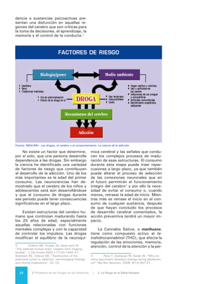 23El Problema de las Drogas en las Américas | Organización de los Estados Americanos
cepción5
. El consumo intenso de ma-
rihuana incrementa la probabilidad de
que se presenten síntomas psicóticos,
depresivos y conducta suicida6
. La in-
vestigación indica que las alteraciones
cognitivas producidas por esta droga
podrían ser reversibles una vez que la
persona deja de consumirla, pero otros
estudios demuestran que el consumo
intenso durante la adolescencia puede
producir cambios persistentes.7
La evi-
dencia científica disponible señala que
es una droga asociada a una menor
mortalidad en comparación con otras
sustancias, pero que no está exenta de
daños potenciales y está asociada con
riesgos mayores si se consume en la
adolescencia.
El uso terapéutico de esta droga ya
es una realidad en lugares de los Es-
tados Unidos y en algunos países de
Europa del Oeste y Central. La eviden-
cia del uso terapéutico está en pleno
desarrollo y en la actualidad demuestra
resultados diversos cuyo estudio es ne-
cesario proseguir, utilizando metodolo-
gías científicas adecuadas.
La cocaína es un potente estimu-
lante con una gran capacidad adicti-
5	 Piomelli D. “The molecular logic of endo-
cannabinoid signaling”. Nat Rev Neurosci, 2003;
4(11):873-84.
6	 Moore TH, Zammit S, Lingford-Hughes A,
Barnes TR, Jones PB, Burke M, Lewis G. “Cannabis
use and risk of psychotic or affective mental health
outcomes: a systematic review”. Lancet, 2007;
370(9584):319-28.
7	 Se ha reportado que el consumo antes
de los 26 años de edad incrementa la probabilidad
de presentar síntomas psicóticos entre 1.20 - 7.04
veces, e incluso más cuando el individuo presenta
susceptibilidad genética. Cf Caspi A, Moffitt TE,
Cannon M, McClay J, Murray R, Harrington H, Ta-
ylor A. “Moderation of the effect of adolescent-onset
cannabis use on adult psychosis by a functional
polymorphism in the catechol-O-methyltransferase
gene: longitudinal evidence of a gene X environ-
ment interaction”. Biol Psychiatry, 2005;57(10):Biol
Psychiatry. Crean RD, Crane NA, Mason BJ. “An evi-
dence based review of acute and long-term effects
of cannabis use on executive cognitive function”.
J Addict Med, 2011;5(1):1-8. Fontes MA, Bolla KI,
Cunha PJ, Almeida PP, Jungerman F, Laranjeira RR,
Bressan RA, Lacerda AL. “Cannabis use before age
15 and subsequent executive functioning”. Br J
Psychiatry, 2011;198(6):442-7. Becker B, Wagner
D, Gouzoulis-Mayfrank E, Spuentrup E, Daumann J.
“The impact of early-onset cannabis use on functio-
nal brain correlates of working memory”. Prog Neu-
ropsychopharmacol Biol Psychiatry, 2010;34(6):837-
45.
va. Se extrae de las hojas de la plan-
ta Erithroxylon coca. El consumo de
cocaína produce una amplia gama de
efectos nocivos en la salud a corto
plazo, alteraciones de la transmisión
de los estímulos nerviosos, formación
de coágulos en el interior de los vasos
sanguíneos, trastornos del ritmo y las
contracciones cardiacas, infartos en
órganos especialmente susceptibles
como corazón y cerebro. A largo plazo
provoca atrofia cerebral, alteraciones
en la memoria, trastornos del sueño y
del ánimo como la depresión8
.
La heroína es parte del grupo de los
opiáceos y se obtiene del procesamien-
to de la amapola. Una de sus formas
de consumo es por vía intravenosa,
por lo que rápidamente llega al cere-
bro, donde se convierte en morfina y
activa receptores celulares específicos.
La heroína es una sustancia psicoacti-
va altamente adictiva, que genera una
rápida dependencia física y psicológica
en los consumidores. Se asocia a su
consumo una gran cantidad de muer-
tes por sobredosis y por la transmisión
de enfermedades infecciosas9
debido al
intercambio de jeringas.
El alcohol es el principal factor cau-
sal de más de 60 tipos de enfermedades
y lesiones y es responsable de aproxi-
madamente 2,5 millones de muertes
en el mundo cada año10
. El consumo
de alcohol en grandes cantidades por
periodos prolongados de tiempo, repre-
senta un grave riesgo para la salud. Su
consumo en la adolescencia es espe-
cialmente nocivo. La evidencia muestra
que las personas que empiezan a beber
antes de los 15 años de edad tienen
cuatro veces más probabilidad de desa-
rrollar dependencia en algún momento
de sus vidas. Dado el proceso de desa-
rrollo del cerebro, el consumo de alco-
hol en la adolescencia, especialmente
si se hace en grandes cantidades, pue-
8	 SOCIDROGALCOHOL. “Cocaína: Guías
Clínicas SOCIDROGALCOHOL basadas en la Evi-
dencia Científica”. Valencia, España; 2007. NIDA.
“Cocaína: abuso y adicción”. Serie de Reportes de
Investigación. Maryland, E.E.U.U.; 2010.
9	 NIDA. “Heroína: abuso y adicción. Serie
de Reportes de Investigación”. Maryland, E.E.U.U.;
2005
10	 WHO, “Global Status Report on Alcohol
and Health”, Ginebra, Suiza, 2011.
 