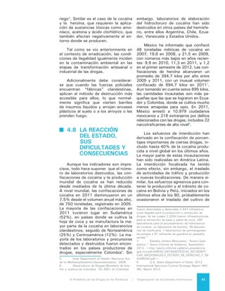 El Problema de las Drogas en las Américas | 4. Producción de Drogas44
la coca a Colombia a mediados de la
década de los años 90.
Desde 1999, año en que se inició
el Plan Colombia, este país ha imple-
mentado una estrategia coordinada que
incluye acciones militares y policiales
contra los grupos armados ilegales y
los traficantes, la reforma judicial, pro-
gramas de desarrollo social y la erra-
dicación de cultivos. Estos esfuerzos
tienen por objeto reducir la violencia y
consolidar la presencia del Estado en
áreas donde se encuentran tradicional-
mente los cultivos ilícitos y se realizan
otras actividades ilegales como la tala
de árboles y la minería ilícitas.
En este terreno el fortalecimien-
to de las capacidades institucionales
sigue siendo crucial. En la actualidad
existen diversos esfuerzos en marcha
en esa dirección. Por ejemplo, México
ha desarrollado esfuerzos, en particu-
lar en el plano federal, por fortalecer
la policía encargada del crimen organi-
zado. Ese país se encuentra abocado,
además, a una reforma judicial que si
bien se encuentra en sus etapas ini-
ciales continúa siendo tramitada en las
instancias legislativas regulares.
 