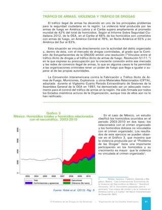 El Problema de las Drogas en las Américas | 8. Drogas, Delito y Violencia82
La situación no afecta sólo a Mé-
xico pues la mayoría de los países con
mayores tasas de homicidio en el He-
misferio se ha visto afectada de ma-
nera notable por el tránsito de drogas
a través de su territorio. Es el caso,
además de México, de Colombia, Ve-
nezuela, los países del Triángulo Norte
(El Salvador, Guatemala y Honduras) y
de la Triple Frontera (Argentina, Brasil
y Paraguay).
Algunos hechos recientes podrían
cuestionar la relación directa entre am-
bos fenómenos. Por ejemplo, en El Sal-
vador, en el marco de la tregua entre las
“maras”, el número de homicidios tuvo
un descenso notable durante 2012,
situación que no está relacionada con
el tránsito de drogas. En Venezuela, el
tránsito de drogas podría llegar a ex-
plicar una parte importante de los ho-
micidios; sin embargo, los análisis no
identifican una relación importante en-
tre el trasiego de drogas y la alta tasa
de homicidios que se registra en Cara-
cas. En Honduras, el país que presenta
la situación más crítica en términos de
violencia, no existe una única causa a
partir de la cual se puedan explicar las
altas tasas de homicidio, con una mul-
tiplicidad de actores legales y no lega-
les que participan en la generación y
reproducción de la violencia.
Los casos anteriores, sin embargo,
solo indican que no todos los fenóme-
nos de alta criminalidad se relacionan
con la droga. Pero en aquellos países
en que se experimentan incrementos
en el volumen de decomisos de drogas
-lo que hace suponer un incremento
equivalente en el volumen del tránsito-
tienden a darse aumentos paralelos en
la tasa de homicidios (ver gráfico 4).
Cabe hacer notar que se ha veri-
ficado también que en algunos países
del Caribe ha habido reducciones en
el volumen de decomisos sin una dis-
minución equivalente en las tasas de
homicidio. Este último fenómeno, em-
pero, no necesariamente niega la exis-
tencia de una relación directa entre am-
bos fenómenos, sino más bien lleva a
suponer que la densidad criminal y la
acumulación de violencia ligada al trán-
sito de drogas generan una inercia que
continúa dinamizando el homicidio y el
delito, a pesar de cambios en las rutas
o en los mercados.
Gráfico 4
Incautaciones de cocaína y tasas de homicidios en un grupo
seleccionado de países del Caribe (izquierda), México y Centroamérica
Fuente: UNODC, 2011 Global Study on Homicide, pág. 52 y 54.
 