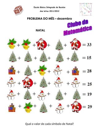 Escola Básica Integrada de Bucelas

            Ano letivo 2011/2012



 PROBLEMA DO MÊS – dezembro


        NATAL




Qual o valor de cada símbolo de Natal?
 