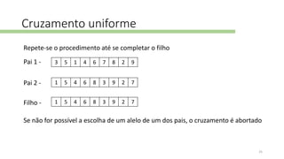 Cruzamento uniforme
Repete-se o procedimento até se completar o filho
1 5 4 6 8 3 9 2 7Filho -
1 5 4 6 8 3 9 2 7
3 5 1 4 6 7 8 2 9Pai 1 -
Pai 2 -
Se não for possível a escolha de um alelo de um dos pais, o cruzamento é abortado
25
 