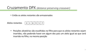 Cruzamento DPX (distance preserving crossover)
• Então os alelos restantes são armazenados
3 1 8 9 5 7Alelos restantes
• Posições aleatórias são escolhidas no filho para que os alelos restantes sejam
inseridos, não podendo haver em algum dos pais um alelo igual ao que será
inserido no filho, na mesma posição
27
 