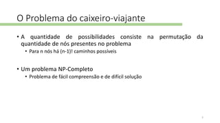 O Problema do caixeiro-viajante
• A quantidade de possibilidades consiste na permutação da
quantidade de nós presentes no problema
• Para n nós há (n-1)! caminhos possíveis
• Um problema NP-Completo
• Problema de fácil compreensão e de difícil solução
3
 