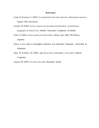 Referencias
Carda, R. & Larrosa, F. (2007). La organización del centro educativo. Manual para maestros.
España: Club Universitario.
Carreño, M. (2009). Teoría y práctica de una educación liberadora: el pensamiento
pedagógico de Paulo Freire. Madrid: Universidad Complutense de Madrid.
Freire, P. (2004). Cartas a quien pretende enseñar. Buenos aires: Siglo XXI Editores
Argentina.
García, J. (s/a). ¿Qué es el paradigma humanista en la educación? Guanajuato: Universidad de
Guanajuato.
Giner, M. & Onieva, M. (2009). ¿Qué hacer ante la indisciplina en las aulas? Paiporta:
Compartim.
Jackson, Ph. (2001). La vida en las aulas. Barcelona: Morata.
 