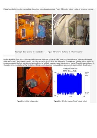 Figura 2A, abaixo, mostra a unidade e disposição caixa de velocidades. Figura 2B mostra o lado frontal do o rolo de avançar.




                Figura 2A disco e caixa de velocidades •    Figura 2B • arranjo da frente do rolo impulsionar



Avaliação inicial vibração do trem de acionamento e seção de formação rolos detectado relativamente baixo amplitudes de
vibração (<0,1 in / seg pk valor global). Nenhum problema significativo era alarmante. Observações visuais, com o auxílio de
um estroboscópio, indicou que sob certas condições, a unidade pareciam estar oscilando ou "caça". Transitórias medições de
vibração, como mostrado na Fig. 3, abaixo, não apresenta qualquer modulação correspondente da amplitude de vibração.
 