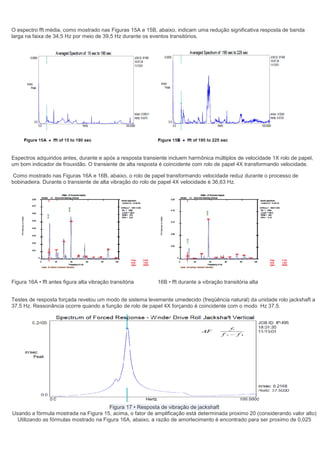 O espectro fft média, como mostrado nas Figuras 15A e 15B, abaixo, indicam uma redução significativa resposta de banda
larga na faixa de 34,5 Hz por meio de 39,5 Hz durante os eventos transitórios.




Espectros adquiridos antes, durante e após a resposta transiente incluem harmônica múltiplos de velocidade 1X rolo de papel,
um bom indicador de frouxidão. O transiente de alta resposta é coincidente com rolo de papel 4X transformando velocidade.

 Como mostrado nas Figuras 16A e 16B, abaixo, o rolo de papel transformando velocidade reduz durante o processo de
bobinadeira. Durante o transiente de alta vibração do rolo de papel 4X velocidade é 36,63 Hz.




Figura 16A • fft antes figura alta vibração transitória     16B • fft durante a vibração transitória alta


Testes de resposta forçada revelou um modo de sistema levemente umedecido (freqüência natural) da unidade rolo jackshaft a
37,5 Hz. Ressonância ocorre quando a função de rolo de papel 4X forçando é coincidente com o modo Hz 37,5.




                                        Figura 17 • Resposta de vibração de jackshaft
Usando a fórmula mostrada na Figura 15, acima, o fator de amplificação está determinada proximo 20 (considerando valor alto)
  Utilizando as fórmulas mostrado na Figura 16A, abaixo, a razão de amortecimento é encontrado para ser proximo de 0,025
 
