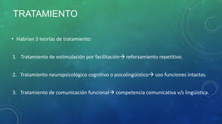 TRATAMIENTO
• Habrían 3 teorías de tratamiento:

1. Tratamiento de estimulación por facilitación reforzamiento repetitivo.
2. Tratamiento neuropsicológico cognitivo o psicolingüístico uso funciones intactas.
3. Tratamiento de comunicación funcional competencia comunicativa v/s lingüística.

 
