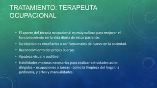 TRATAMIENTO: TERAPEUTA
OCUPACIONAL
• El aporte del terapia ocupacional es muy valioso para mejorar el
funcionamiento en la vida diaria de estos paciente.
• Su objetivo es enseñarles a ser funcionales de nuevo en la sociedad.
• Reconocimiento del propio cuerpo.

• Agudeza visual y auditiva
• Habilidades motoras necesarias para realizar actividades autodirigidas – ocupaciones o tareas - como la limpieza del hogar, la
jardinería, y artes y manualidades.

 