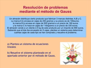 Resolución de problemas mediante el método de Gauss a) Plantea un sistema de ecuaciones lineales  b) Resuelve el sistema planteado en el apartado anterior por el método de Gauss. 