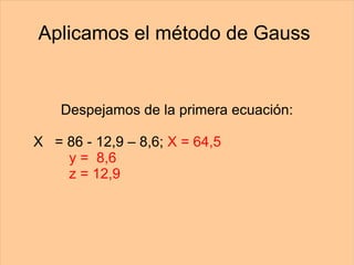 Aplicamos el método de Gauss  Despejamos de la primera ecuación: X  = 86 - 12,9 – 8,6;  X = 64,5   y =  8,6   z = 12,9 