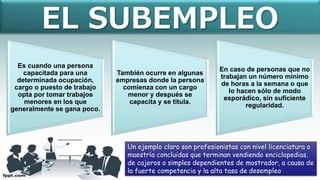 Un ejemplo claro son profesionistas con nivel licenciatura o
maestría concluidas que terminan vendiendo enciclopedias,
de cajeros o simples dependientes de mostrador, a causa de
la fuerte competencia y la alta tasa de desempleo
EL SUBEMPLEO
Es cuando una persona
capacitada para una
determinada ocupación,
cargo o puesto de trabajo
opta por tomar trabajos
menores en los que
generalmente se gana poco.
También ocurre en algunas
empresas donde la persona
comienza con un cargo
menor y después se
capacita y se titula.
En caso de personas que no
trabajan un número mínimo
de horas a la semana o que
lo hacen sólo de modo
esporádico, sin suficiente
regularidad.
 