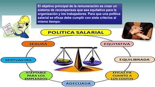 El objetivo principal de la remuneración es crear un
sistema de recompensas que sea equitativo para la
organización y los trabajadores. Para que una política
salarial se eficaz debe cumplir con siete criterios al
mismo tiempo:
 