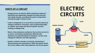 ELECTRIC
CIRCUITS
ENERGY SOURCE
LOAD
SWITCH
WIRES
PARTS OF A CIRCUIT
• Energy source: An electric field created by a battery's
positively and negatively charged terminals attracts
and repels charges, providing the push to keep them
moving through a closed circuit.
• Load: A component in a circuit that consumes electrical
energy to perform a function, such as generating light
or motion, and resists the flow of electric current,
causing a voltage drop.
• Wires: A low-resistance conductor that carries current in
a circuit, connecting components. Material and
thickness are selected based on distance, current, and
voltage for efficient and safe operation.
• Switch: A switch controls a circuit by connecting or
disconnecting two metal pieces. When the pieces touch,
the circuit closes; when they separate, the circuit opens.
 
