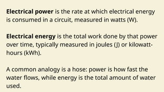 Electrical power is the rate at which electrical energy
is consumed in a circuit, measured in watts (W).
Electrical energy is the total work done by that power
over time, typically measured in joules (J) or kilowatt-
hours (kWh).
A common analogy is a hose: power is how fast the
water flows, while energy is the total amount of water
used.
 