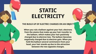 STATIC
ELECTRICITY
THE BUILD UP OF ELECTRIC CHARGES ON AN OBJECT
When you rub a balloon against your hair, electrons
from the atoms that make up your hair transfer to
the balloon, which makes your hair positively
charged due to electron loss. The balloon becomes
negatively charged due to electron gain. When you
hold the balloon several centimeters from your
head, your hair stands up due to the attraction
between the two opposite charges.
 