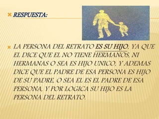 RESPUESTA:
 LA PERSONA DEL RETRATO ES SU HIJO, YA QUE
EL DICE QUE EL NO TIENE HERMANOS, NI
HERMANAS O SEA ES HIJO UNICO, Y ADEMAS
DICE QUE EL PADRE DE ESA PERSONA ES HIJO
DE SU PADRE, O SEA EL ES EL PADRE DE ESA
PERSONA, Y POR LOGICA SU HIJO ES LA
PERSONA DEL RETRATO.
 