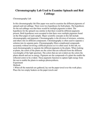 Chromatography Lab Used to Examine Spinach and Red
Cabbage
Chromatography Lab
In this chromatography lab filter paper was used to examine the different pigments of
spinach and red cabbage. There were two hypotheses for both plants. The hypothesis
for the red cabbage was that there would be multiple pigments evident. The
hypothesis for the spinach was similar in that there would be different pigments
present. Both hypotheses were accepted in that there were multiple pigments found
on the filter paper of each sample. Major scientific concepts in this lab include
chromatography and pigments. Chromatography is the division of mixtures, solution,
and others into its different components. Chromatography is often used to separate a
solution into its separate parts. Chromatography filters complicated compounds
accurately without involving a difficult process so it is often used. In this lab, we
used chromatography to separate the different pigments in the plants. When looking
at plants, the colors of the plants are the colors that are reflected from the different
wavelengths of the light spectrum. The colors that are not evident are the colors the
plants absorb and use as energy. Pigments are the compounds of a plant the enable the
reflected colors to be evident. These pigments function to capture light energy from
the sun to enable the plants to undergo photosynthesis.
Experiment
Methods
1.When all the materials are gathered, lay out the paper towel over the work place.
Place the two empty beakers on the paper towels and
 