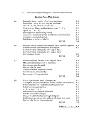 XXXI International Physics Olympiad ~ Theoretical Examination
Question Two ~ Mark Scheme
(a) Focus after integer number of cyclotron revolutions 0.6
For smallest current, we have only one revolution 0.3
ω = e B / m, and hence T = 2 π m / e B 0.4
Neglect of cos β factor and justification; hence D = T u 0.2
Speed u = (2 V e / m)1/2
0.1
Final expression dimensionally correct 0.2
in addition: final answer correct apart from a numerical factor 0.3
in addition: answer fully correct 0.6
Justification of neglect of relativity 0.3
TOTAL 3.0
(b) Electrons emerge if electric and magnetic forces equal and opposite 0.4
Correct direction for electric force (both regions) 0.2
Correct direction for magnetic force (region A)0.3
Correct direction for magnetic force (region B) 0.3
Correct region chosen 0.3
TOTAL 1.5
(c) Correct magnitude for electric and magnetic forces 0.4
Maximum speed corresponds to minimum φ 0.3
Correct expression for speed 0.1
Correct value for speed 0.3
Note of relativistic magnitude of speed 0.2
Correct use and definition of γ 0.3
Correct energy (in correct units) 0.4
TOTAL 2.0
(d) Use of expression for speed u from part (f) 0.1
Assumption that direction of force remains constant (or alternative) 0.3
Relationship between y and unbalanced magnetic force 0.1
Relativistic mass consideration 0.3
y = B e s2
sin φ / (γ m u) 0.3
Correct equation with speed eliminated 0.3
Sensible choice of what to plot 0.6
Clear, well labelled and accurately plotted graph 0.6
Gradient or intercept correctly read and calculated from graph 0.3
Correct value for e/m (in correct units) 0.6
TOTAL 3.5
GRAND TOTAL 10.0
 