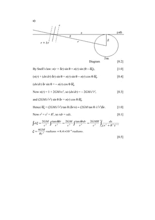 c)
Diagram [0.2]
By Snell’s law: n(r + δr) sin θ = n(r) sin (θ − δξ), [1.0]
(n(r) + (dn/dr) δr) sin θ = n(r) sin θ − n(r) cos θ δξ. [0.4]
(dn/dr) δr sin θ = − n(r) cos θ δξ.
Now n(r) = 1 + 2GM/rc2
, so (dn/dr) = − 2GM/c2
r2
, [0.3]
and (2GM/c2
r2
) sin θ δr = n(r) cos θ δξ.
Hence δξ = (2GM/c2
r2
) tan θ (δr/n) ≈ (2GM tan θ /c2
r2
)δr. [1.0]
Now r2
= x2
+ R2
, so rdr = xdx. [0.1]
[0.5]
.104.8
4
)(
2tan2tan2
6
2
2/32223222
radiansradians
Rc
GM
Rx
dx
c
GMR
r
rdr
c
GM
r
dr
c
GM
d
−
+∞
∞−
×==
+
=== ∫∫∫ ∫
ξ
θθ
ξ
 
