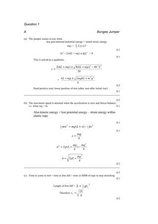 Question 1
A Bungee Jumper
(a) The jumper comes to rest when
lost gravitational potential energy = stored strain energy
mgy = 2
1
k (y-L)2
0.1
ky2
– 2y(kL + mg) 2
kL+ = 0
0.1
This is solved as a quadratic.
k
LkmgkLmgkL
y
2
4)(4)(2 222
−+±+
=
=
k
gmmgkLmgkL 22
2 +±+
0.2
Need positive root; lower position of rest (other root after initial rise).
0.1
0.5
(b) The maximum speed is attained when the acceleration is zero and forces balance;
i.e. when mg = kx 0.1
Also kinetic energy = lost potential energy – strain energy within
elastic rope
0.1
2
2
12
2
1
)( kxxLmgm −+=υ
0.1
k
mg
x =
k
mg
k
mg
Lg
2
2
)(2 −+=υ
k
mg
gL
2
2 +=υ
0.2
0.5
(c) Time to come to rest = time in free fall + time in SHM of rope to stop stretching
0.1
Length of free fall =
2
f2
1
gtL =
Therefore
g
L
t
2
f =
0.2
 