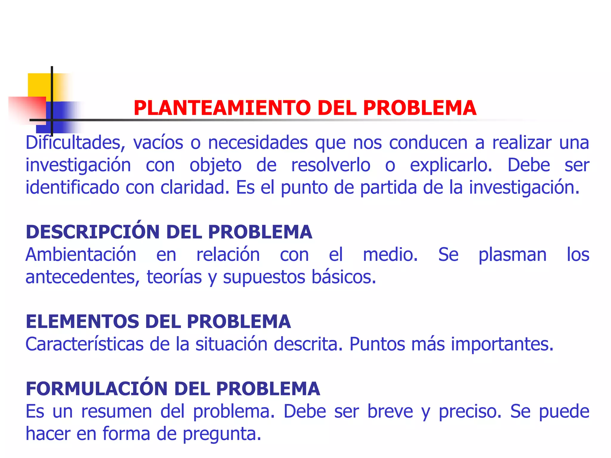 PLANTEAMIENTO DEL PROBLEMA
Dificultades, vacíos o necesidades que nos conducen a realizar una
investigación con objeto de resolverlo o explicarlo. Debe ser
identificado con claridad. Es el punto de partida de la investigación.
DESCRIPCIÓN DEL PROBLEMA
Ambientación en relación con el medio. Se plasman los
antecedentes, teorías y supuestos básicos.
ELEMENTOS DEL PROBLEMA
Características de la situación descrita. Puntos más importantes.
FORMULACIÓN DEL PROBLEMA
Es un resumen del problema. Debe ser breve y preciso. Se puede
hacer en forma de pregunta.
 