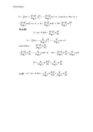 Electrostática
V = -
L
QQ
Edr
επ 0
2
'+
−=∫ ∫ =
r
dr
Kr
L
QQ
+
+
− ln
2
'
0επ
. Como V (r = R3) = 0 →
03ln
2
'
0
=+
+
− kR...