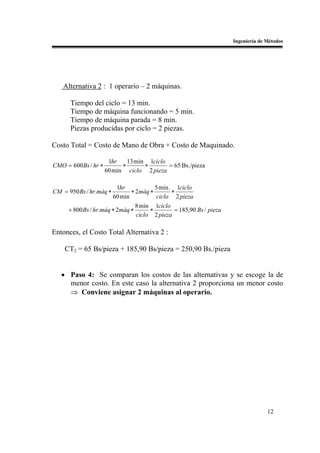 Ingeniería de Métodos




   Alternativa 2 : 1 operario – 2 máquinas.

      Tiempo del ciclo = 13 min.
      Tiempo de máquina funcionando = 5 min.
      Tiempo de máquina parada = 8 min.
      Piezas producidas por ciclo = 2 piezas.

Costo Total = Costo de Mano de Obra + Costo de Maquinado.

                       1hr    13 min 1ciclo
CMO = 600 Bs / hr ∗         ∗       ∗       = 65 Bs./pieza
                      60 min ciclo 2 pieza

                         1hr           5 min . 1ciclo
CM = 950 Bs / hr.máq ∗        ∗ 2máq ∗        ∗
                       60 min          ciclo 2 pieza
                                8 min 1ciclo
     + 800 Bs / hr.máq ∗ 2máq ∗      ∗         = 185,90 Bs / pieza
                                ciclo 2 pieza

Entonces, el Costo Total Alternativa 2 :

    CT2 = 65 Bs/pieza + 185,90 Bs/pieza = 250,90 Bs./pieza


   • Paso 4: Se comparan los costos de las alternativas y se escoge la de
     menor costo. En este caso la alternativa 2 proporciona un menor costo
     ⇒ Conviene asignar 2 máquinas al operario.




                                                                                   12
 