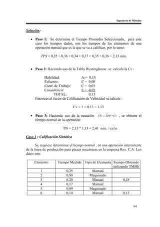 Ingeniería de Métodos


Solución:

   • Paso 1: Se determina el Tiempo Promedio Seleccionado, para este
     caso los tiempos dados, son los tiempos de los elementos de una
     operación manual que es la que se va a calificar, por lo tanto:

            TPS = 0,35 + 0,36 + 0,34 + 0,37 + 0,35 + 0,36 = 2,13 min.


   • Paso 2: Haciendo uso de la Tabla Westinghouse se calcula la Cv :

           Habilidad:                 A2= 0,13
           Esfuerzo:                  C = 0,00
           Cond. de Trabajo:          C = 0,02
           Consistencia:              E = -0,02
                   TOTAL:                  0,13
      Entonces el factor de Calificación de Velocidad se calcula :

                                  Cv = 1 + 0,13 = 1,13

   • Paso 3: Haciendo uso de la ecuación          TN = TPS ∗ Cv , se obtiene el
     tiempo normal de la operación:

                          TN = 2,13 * 1,13 = 2,41 min. / ciclo.

Caso 3 : Calificación Sintética

       Se requiere determinar el tiempo normal , en una operación intermitente
de la línea de producción para piezas mecánicas en la empresa Rex. C.A. Los
datos son:

     Elemento          Tiempo Medido Tipo de Elemento Tiempo Obtenido
                                                      utilizando TMBS
         1                  0,25          Manual
         2                  0,90        Maquinado
         3                  0,20          Manual             0,18
         4                  0,17          Manual
         5                  0,99        Maquinado
         6                  0,14          Manual             0,13


                                                                            64
 