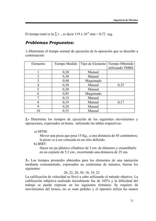 Ingeniería de Métodos




El tiempo total es la ∑ t , es decir 119 x 10-4 min = 0,72 seg.

Problemas Propuestos:

1.-Determine el tiempo normal de ejecución de la operación que se describe a
continuación:

    Elemento        Tiempo Medido Tipo de Elemento Tiempo Obtenido
                                                   utilizando TMBS
       1                 0,20          Manual
       2                 0,30          Manual
       3                 0,90        Maquinado
       4                 0,30          Manual             0,35
       5                 0,20          Manual
       6                 0,85        Maquinado
       7                 0,15          Manual
       8                 0,19          Manual             0,17
       9                 0,28          Manual
       10                0,35          Manual

2.- Determine los tiempos de ejecución de los siguientes movimientos y
operaciones, expresados en horas, utilizando las tablas respectivas:

      a) MTM:
          Mover una pieza que pesa 15 Kg., a una distancia de 45 centímetros;
          la pieza va a ser colocada en un sitio definido.
      b) BMT:
          Hacer un eje plástico cilíndrico de 5 cm. de diámetro y ensamblarlo
          en un cojinete de 5,3 cm., recorriendo una distancia de 25 cm.

3.- Los tiempos promedio obtenidos para los elementos de una operación
mediante cronometrado, expresados en centésimas de minutos, fueron los
siguientes:
                            20, 22, 28, 30, 18, 19, 23
La calificación de velocidad se llevó a cabo utilizando el método objetivo. La
calificación subjetiva realizada inicialmente fue de 105% y la dificultad del
trabajo se puede expresar en los siguientes términos: Se requiere de
movimientos del tronco, no se usan pedales y el operario utiliza las manos


                                                                                71
 