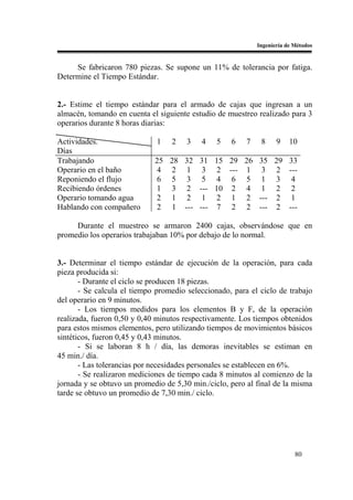 Ingeniería de Métodos


     Se fabricaron 780 piezas. Se supone un 11% de tolerancia por fatiga.
Determine el Tiempo Estándar.


2.- Estime el tiempo estándar para el armado de cajas que ingresan a un
almacén, tomando en cuenta el siguiente estudio de muestreo realizado para 3
operarios durante 8 horas diarias:

Actividades.                  1   2    3   4    5   6    7    8     9    10
Días
Trabajando                   25 28 32 31 15 29 26 35 29 33
Operario en el baño          4 2 1 3 2 --- 1 3 2 ---
Reponiendo el flujo          6 5 3 5 4 6 5 1 3 4
Recibiendo órdenes           1 3 2 --- 10 2 4 1 2 2
Operario tomando agua        2 1 2 1 2 1 2 --- 2 1
Hablando con compañero        2 1 --- --- 7 2 2 --- 2 ---

     Durante el muestreo se armaron 2400 cajas, observándose que en
promedio los operarios trabajaban 10% por debajo de lo normal.


3.- Determinar el tiempo estándar de ejecución de la operación, para cada
pieza producida si:
       - Durante el ciclo se producen 18 piezas.
       - Se calcula el tiempo promedio seleccionado, para el ciclo de trabajo
del operario en 9 minutos.
       - Los tiempos medidos para los elementos B y F, de la operación
realizada, fueron 0,50 y 0,40 minutos respectivamente. Los tiempos obtenidos
para estos mismos elementos, pero utilizando tiempos de movimientos básicos
sintéticos, fueron 0,45 y 0,43 minutos.
       - Si se laboran 8 h / día, las demoras inevitables se estiman en
45 min./ día.
       - Las tolerancias por necesidades personales se establecen en 6%.
       - Se realizaron mediciones de tiempo cada 8 minutos al comienzo de la
jornada y se obtuvo un promedio de 5,30 min./ciclo, pero al final de la misma
tarde se obtuvo un promedio de 7,30 min./ ciclo.




                                                                           80
 