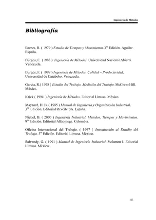Ingeniería de Métodos



Bibliografía


Barnes, R. ( 1979 ) Estudio de Tiempos y Movimientos.3ra Edición. Aguilar.
España.

Burgos, F. (1983 ) Ingeniería de Métodos. Universidad Nacional Abierta.
Venezuela.

Burgos, F. ( 1999 ) Ingeniería de Métodos. Calidad – Productividad.
Universidad de Carabobo. Venezuela.

García, R.( 1998 ) Estudio del Trabajo. Medición del Trabajo. McGraw-Hill.
México.

Krick ( 1994 ) Ingeniería de Métodos. Editorial Limusa. México.

Maynard, H. B. ( 1985 ) Manual de Ingeniería y Organización Industrial.
3ra Edición. Editorial Reverté SA. España.

Niebel, B. ( 2000 ) Ingeniería Industrial. Métodos, Tiempos y Movimientos.
9na Edición. Editorial Alfaomega. Colombia.

Oficina Internacional del Trabajo. ( 1997 ) Introducción al Estudio del
Trabajo. 3ra Edición. Editorial Limusa. México.

Salvendy, G. ( 1991 ) Manual de Ingeniería Industrial. Volumen I. Editorial
Limusa. México.




                                                                          83
 