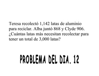 Teresa recolectó 1,142 latas de aluminio
para reciclar. Alba juntó 868 y Clyde 906.
¿Cuántas latas más necesitan recolectar para
tener un total de 3,000 latas?

 