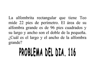 La alfombrita rectangular que tiene Teo
mide 22 pies de perímetro. El área de su
alfombra grande es de 96 pies cuadrados y
su largo y ancho son el doble de la pequeña.
¿Cuál es el largo y el ancho de la alfombra
grande?

 