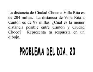 La distancia de Ciudad Choco a Villa Rita es
de 204 millas. La distancia de Villa Rita a
Cantón es de 97 millas. ¿Cuál es la menor
distancia posible entre Cantón y Ciudad
Choco? Representa tu respuesta en un
dibujo.

 