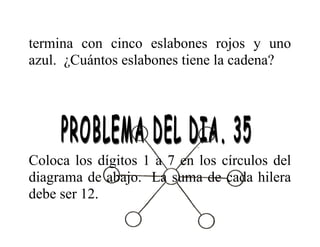 termina con cinco eslabones rojos y uno
azul. ¿Cuántos eslabones tiene la cadena?

Coloca los dígitos 1 a 7 en los círculos del
diagrama de abajo. La suma de cada hilera
debe ser 12.

 