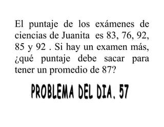 El puntaje de los exámenes de
ciencias de Juanita es 83, 76, 92,
85 y 92 . Si hay un examen más,
¿qué puntaje debe sacar para
tener un promedio de 87?

 