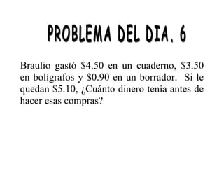 Braulio gastó $4.50 en un cuaderno, $3.50
en bolígrafos y $0.90 en un borrador. Si le
quedan $5.10, ¿Cuánto dinero tenía antes de
hacer esas compras?

 