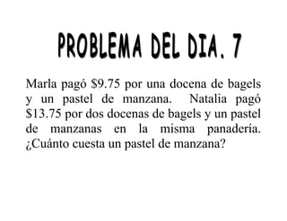 Marla pagó $9.75 por una docena de bagels
y un pastel de manzana. Natalia pagó
$13.75 por dos docenas de bagels y un pastel
de manzanas en la misma panadería.
¿Cuánto cuesta un pastel de manzana?

 