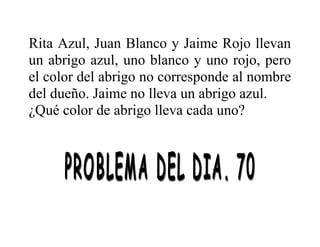 Rita Azul, Juan Blanco y Jaime Rojo llevan
un abrigo azul, uno blanco y uno rojo, pero
el color del abrigo no corresponde al nombre
del dueño. Jaime no lleva un abrigo azul.
¿Qué color de abrigo lleva cada uno?

 