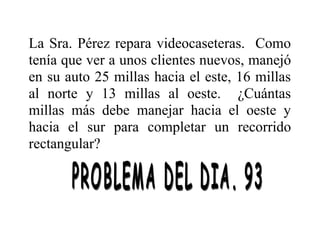La Sra. Pérez repara videocaseteras. Como
tenía que ver a unos clientes nuevos, manejó
en su auto 25 millas hacia el este, 16 millas
al norte y 13 millas al oeste. ¿Cuántas
millas más debe manejar hacia el oeste y
hacia el sur para completar un recorrido
rectangular?

 