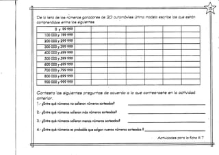 ' '.
De la lista de los números ganadores de "2O automóviles último modelo escribe los que están
comprendidos entre los siguientes
Q y 99 999
100000/199999
200000/299999
300 000 y 399 999
400 000 y 499 999
500 000 y 599 999
600 000 y 699 999
700 000 y 799 999
800 000 y 899 999
900 000 y 999 999
•
•
Contesta las siguientes preguntas de acuerdo
anterior.
1.- ¿Entre qué números no salieron números sorteados?
2.- ¿Entre qué números salieron más números sorteados?
3.- ¿Entre qué números salieron menos números sorteados?
4.- ¿Entre qué números es probable que salgan nuevos números
•
a lo que contestaste en la actividad
¡>
•
> sorteados ?
Actividades para la ficha tt 7
Á
 